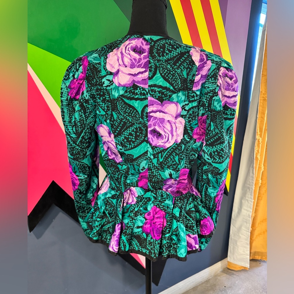 Vintage 80s AJ Bari 100% Silk Floral Peplum Blazer - Picture 2 of 4
